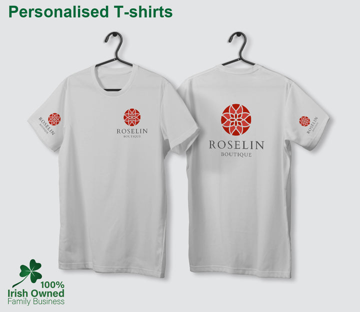Personalised T-shirt can be printed on front & back and on sleeves. Logo print sample.
