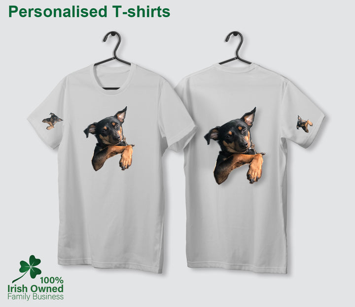 Personalised T-shirt can be printed on front & back and on sleeves. Pet print sample.
