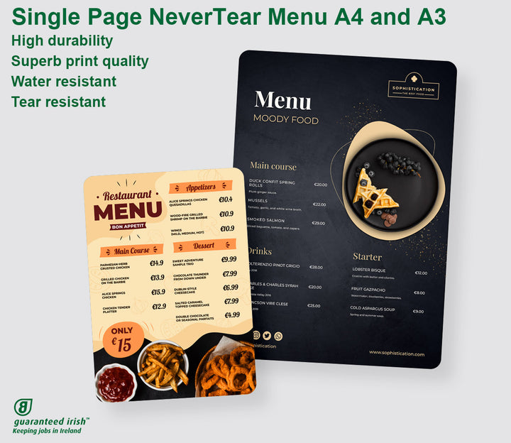 Restaurant Menus - Single Page - NeverTear